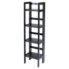 a tall black shelf with four shelves on each side and one section missing the top