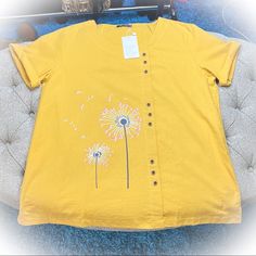 Beautiful Mustard Colored Cotton Blend Dandelion Toparmpit To Armpit Measures 23.5”Length Is 28.5”New With Tag Yellow Cotton Crew Neck Blouse, Mustard Floral Print Cotton Top, Mustard Cotton Top With Floral Print, Mustard Cotton Floral Print Top, Yellow Cotton Floral Print Tops, Yellow Crew Neck Blouse For Spring, Emerald Green Top, Knot Crop Top, Tech Women