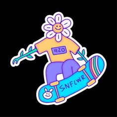 a sticker depicting a person on a skateboard with a flower in the center