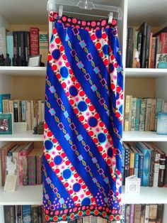 "1960's Polished Cotton Maxi Skirt by Alex Colman Multicolor Abstract Print 1 1/2 Inch Waistband 7 Inch Side Zipper Fully Lined 17 Inch Side Split SIZE: Small MEASUREMENTS (in inches): Waist: 24\" Hips: 36\" Length: 40\" INTERNATIONAL CUSTOMER?? Please email for Shipping Info" Retro Blue Lined Skirt, Retro Long Blue Skirt, Vintage Blue Lined Skirt, Blue Lined Vintage Skirt, Retro Blue Lined Skirt Bottoms, Vintage Blue Skirt, Retro Blue Denim Skirt, Retro Long Skirt, Maxi Skirt Blue