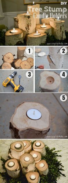 the steps to make a diy candle holder out of wood and some lights on it