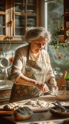 an older woman is preparing food in the kitchen with her hands on a wooden board