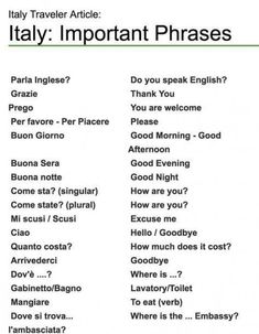 an italian phrase with the words italy important phrases in english and spanish are shown below