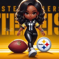 a cartoon girl is running with a football in front of her and the words pittsburgh on it