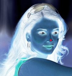 a digital painting of a woman with white hair and blue skin, wearing silver headgear