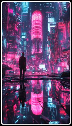 a man standing in front of a city filled with tall buildings and neon colored lights