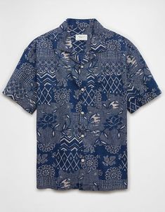 AE Printed Button-Up Poolside Shirt Vacation Graphic Print Button-up Camp Shirt, Relaxed Fit Button-up Camp Shirt For Vacation, Relaxed Fit Shirt With Buttons For Vacation, Relaxed Fit Camp Shirt With Button Closure For Vacation, Unstructured Summer Tops With Buttons, Graphic Print Button-up Vacation Shirt, Relaxed Fit Hawaiian Shirt With Buttons For Vacation, Unstructured Button-up Beach Shirt, Blue Camp Shirt With Buttons For Vacation