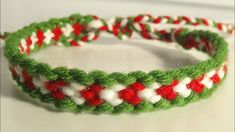 two crocheted bracelets with red, white and green beads on each side