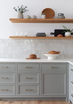 the kitchen counter is clean and ready to be used for baking or other cooking purposes