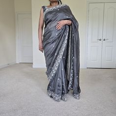 Fully Ready Made Gray Organza Saree, Perfect For Wedding And Party Wear! Saree Comes With Petticoat And Stitched Blouse (And Optional Half Sleeves). Petticoat Is Brand New And Has Never Been Worn; Saree And Blouse Worn Once. Fall And Pico Are Also Done On The Saree Handmade In India. This Specific Style Of Organza Lays On The Body Beautifully And Is Not Stiff Like Regular Organza. Please See Pics For Approx Measurements Saree And Blouse, Party Wear Saree, Wear Saree, Organza Saree, Ready Made, Petticoat, Half Sleeves, Party Wear, Saree