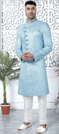 Blue color Sherwani in Art Silk fabric with Embroidered, Sequence, Thread work Blue Chikankari Embroidery Kurta For Reception, Blue Kurta With Chikankari Embroidery For Reception, Traditional Blue Bandhgala With Chikankari Embroidery, Blue Chikankari Embroidered Kurta For Reception, Blue Bandhgala With Chikankari Embroidery For Festive Occasions, Diwali Blue Bandhgala With Intricate Embroidery, Blue Traditional Wear With Chikankari Embroidery For Reception, Blue Chikankari Embroidery Traditional Wear For Reception, Ceremonial Blue Bandhgala With Chikankari Embroidery