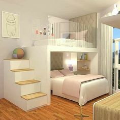 a bedroom with a bunk bed and stairs