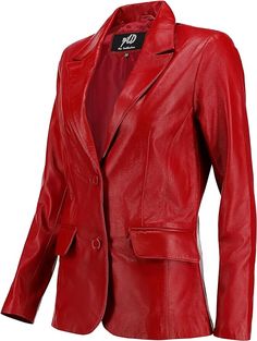 Women's Jild Classic Lambskin Red Leather Blazer Jackets Red Leather Jacket With Button Closure For Winter, Classic Red Leather Jacket With Button Closure, Red Leather Jacket With Button Closure For Fall, Spring Red Leather Jacket, Fitted Red Leather Jacket With Button Closure, Red Leather Jacket For Formal Occasions, Formal Red Leather Jacket, Red Leather Long Sleeve Blazer, Fitted Red Leather Jacket For Work