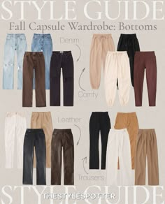 Different Bottoms For Women, Capsule Wardrobe Pants Only, Essential Pants Women, Staple Wardrobe Bottoms, Pants Essentials Women, Outfits With Pants Casual, Capsule Wardrobe Bottoms, Basic Bottoms For Women, Essential Fall Wardrobe Pieces