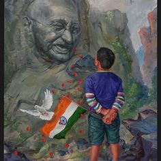 a painting of a young boy holding a flag and standing in front of a giant statue