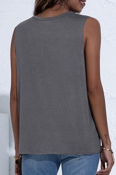 Casual Solid Hollowed Out O Neck Tops Relaxed Fit Gray Top For Beach, Solid Color Tank Top For Vacation, Casual Plain Tops For Beach, Gray Plain Tops For Summer, Gray Plain Summer Tops, Solid Stretch Tops For Vacation, Stretch Tank Tops For Vacation, Vacation Stretch Tank Tops, Gray Tank Top For Summer