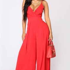 New With Tags Size Xs Available In Red Wide Leg Jumpsuit Tie On Back Woven Fabric 100% Polyester Fashion Nova Plus Size, Denim Short Jumpsuit, Fashion Nova Jumpsuit, Sequin Rompers, Lace Jumpsuit, Red Jumpsuit, How To Pose, Jumpsuit Fashion, Red Top