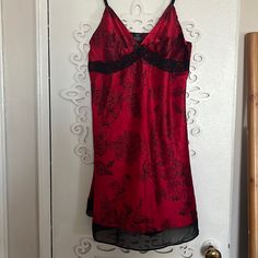 Red Chemise With Black Floral Pattern And Lace/Sheer Embellishments. Nwt Never Worn! Elegant Red Camisole Sleepwear, Red Fitted Camisole Sleepwear, Elegant Red Sleeveless Sleepwear, Elegant Red Party Sleepwear, Red Sleepwear For Summer Party, Red Summer Party Sleepwear, Red Sleeveless Party Sleepwear, Slip Dress Y2k, Black Chemise