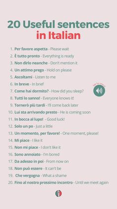 a poster with the words 20 useful sentences in italian