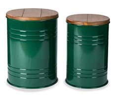 two green metal containers with wooden lids on each side and one has a wood top