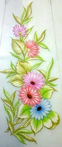 a drawing of flowers with green leaves and pink, blue, and yellow petals on white paper