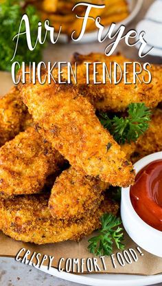 air fryer chicken tenders on a plate with ketchup and parsley