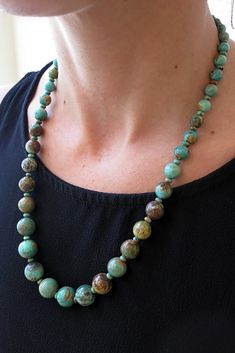 This 24" graduated necklace shows of the rich colors of Kingman Turquoise. Turquoise Bead Necklaces Yourgreatfinds ♥ Vintage Jewelry, Luxury Turquoise Beaded Necklaces With Polished Beads, Turquoise Bead Necklaces Novica, Luxury Traditional Turquoise Beaded Necklace, Cheap Large Beaded Blue Turquoise Necklace, Cheap Turquoise Long Beaded Necklace, Affordable Turquoise Long Beaded Necklace, Luxury Green Turquoise Necklace With Large Beads, Turquoise Jewelry Necklace