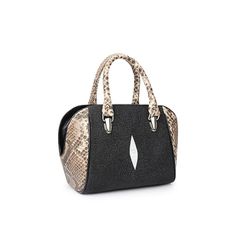 The Maison's dark elegance is the key feature of this genuine python and stingray bag with rotating metal closure on the top flap. It has a detachable metal shoulder strap. The inside is fully lined and features a mirror and a ""You look great today"" embroidery. You will not find two bags the same due to the natures of the exotic genuine leather and their differences among different animals. Measures: h cm 19, w cm 29, d cm 14.[custom tab]SHELL #1: 100% PYTHON LEATHER INSERT#2 100% STING RAY | Elegant Shoulder Bag With Pebbled Texture, Elegant Pebbled Texture Shoulder Bag For Formal Occasions, Luxury Leather Snake Print Shoulder Bag, Luxury Snake Print Top Handle Bags, Luxury Top Handle Bag With Pebbled Texture, Luxury Leather Shoulder Bag With Snake Print, Elegant Leather Snake Print Bags, Elegant Leather Bag With Snake Print, Elegant Snake Print Leather Bags