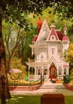 a painting of a large white house in the middle of a park with trees and bushes