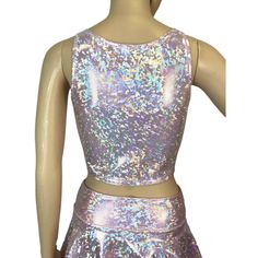 Blush pink shattered glass holographic spandex crop top with plenty of stretch and a ton of shimmer! Wear this crop top to a rave, music festival, running event, crossfit, roller derby, or club. Fitted Metallic Shiny Crop Top, Metallic Shiny Fitted Crop Top, Pink Fitted Crop Top With Sequins, Fitted Pink Crop Top With Sequins, Metallic Fitted Disco Crop Top, Summer Disco Metallic Crop Top, Metallic Cropped Disco Crop Top, Metallic Disco Crop Top For Club, Pink Fitted Crop Top For Club