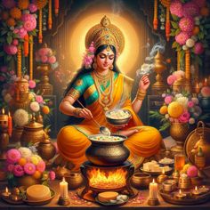 the hindu god is sitting in front of a fire and offering food to his followers