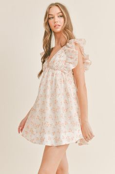 Flirty Flowy Floral Print Dress, Cute V-neck Mini Dress For Garden Party, Flirty Floral Print Dress For Brunch, Peach V-neck Spring Dress, Chic Apricot Dress For Summer, Feminine Flowy Mini Dress For Garden Party, Cute Spring Dresses With Ruffles, Flirty Flowy Dress For Garden Party, Flowy Flirty Dress For Garden Party