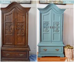 an old armoire has been painted blue and is next to a new armoire