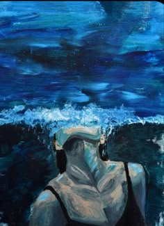 a painting of a person sitting in the water with their back turned to the camera