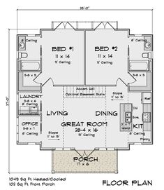 the floor plan for a two bedroom house with an attached kitchen and living room area