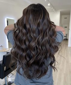 Dark Brunette Hair Transformation, Brown Hair With Chestnut Balayage, Burnett Winter Hair, Plain Brunette Hair, Curled Dark Hair, Brown Hair Looks Brunettes, Brown Hair Colors Brown Skin, Dark Brown Long Hair With Highlights, Dark Low Lights On Brown Hair