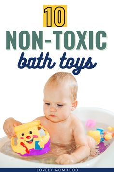 a baby in a bath tub with toys and the words non - toxic bath toys