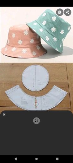 two hats are shown with sewing instructions on the bottom, and one is made out of fabric