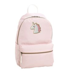 a pink backpack with a unicorn embroidered on the front and back pocket, sitting against a white background