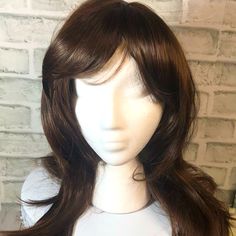 Brown Layered Medium Length Wig With Sweeping Bangs - New, Never Worn W007 Hime Bangs, Bang Inspo, Medium Length Wig, Brown Bangs, Brunette Wig, Bangs Ponytail, Sweeping Bangs, Hair Curling Tutorial, Bangs Wig