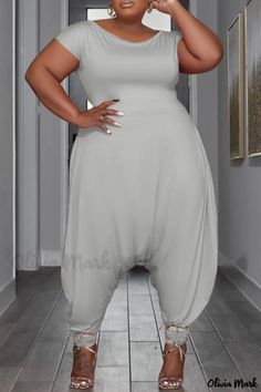 Olivia Mark - Orange Casual Solid Plus Size Jumpsuit with O Neck Design Casual Solid Color One-piece Bodysuit, Casual Solid One-piece Bodysuit, Casual Gray Sleeveless Bodysuit, Gray Casual Summer Bodysuit, Casual Gray Summer Bodysuit, Grey Jumpsuit, Jumpsuit Fitted, Jumpsuit Casual, Jumpsuit Elegant