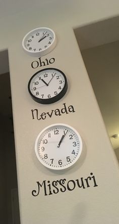 three clocks with the names of different countries on them