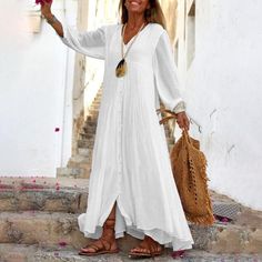 Boho Style Elegant V Neck Single Breasted Casual Puff Sleeve Solid Color Maxi Dress White Casual Dresses With Bishop Sleeves, Casual White Bishop Sleeve Dresses, Puff Sleeve Maxi Dress, Blazer Suit Women, Stylish Footwear, White Maxi Dress, Dress Spring, Sleeve Maxi Dress, White Maxi