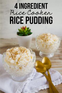 rice pudding in glass bowls with gold spoons and succulent plant on the side