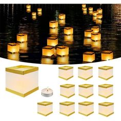 many lit candles floating in the water next to each other with different shapes and sizes