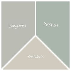 the kitchen color scheme is shown in shades of gray, green and beige with white lettering