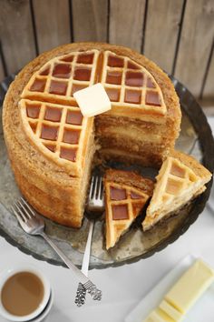 a waffle cake with two slices cut out