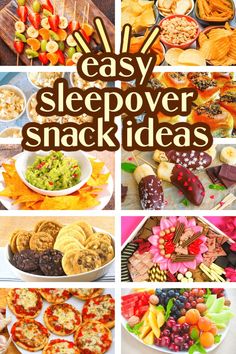 Easy Sleepover Snacks (DIY Slumber Party Food Ideas That Don't Take FOREVER To Make!) text over different images of sleepover party foods and slumber party snacks Sleepover Party Snack Ideas, Cute Sleepover Snacks, Snacks For Slumber Party, Slumber Party Dinner Ideas, Foods For Sleepovers, Birthday Sleepover Food Ideas, Sleepover Party Snacks, Kid Sleepover Ideas Activities, Pool Party Sleepover Ideas