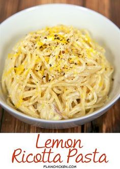 lemon ricotta pasta in a white bowl on a wooden table with text overlay