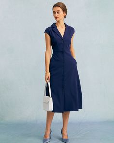 Free shipping on orders over $69. Shop The Navy V Neck Button Cap Sleeve Midi Dress - navy - xs,s,m,l,xl at RIHOAS. High Waisted Dress, Tailored Clothes, High Waist Dress, V Neck Midi Dress, Navy Midi Dress, The Navy, Sleeve Midi Dress, Midi Dress With Sleeves, Navy Dress